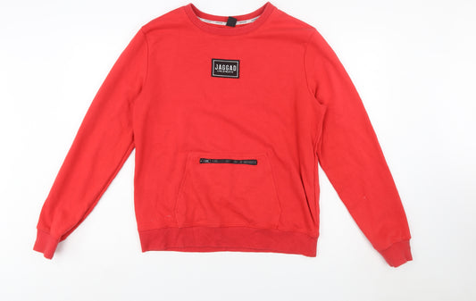 Jaggad Men's Red Crew Neck Pullover Sweatshirt L Logo Zip Pocket