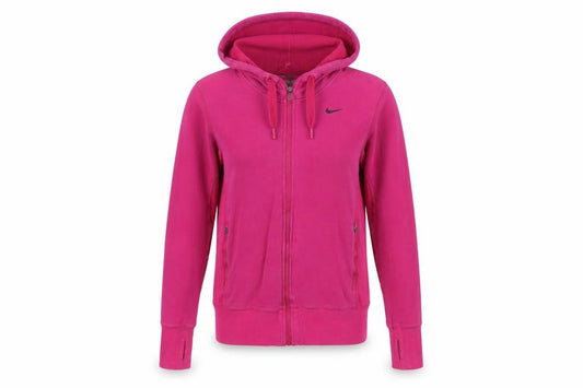 Front view of Nike women’s pink full zip hoodie small dri-fit cotton blend