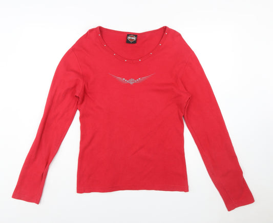 Harley-Davidson Womens Red Long Sleeve Studded V-Neck T-Shirt L