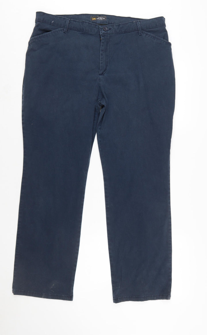 Lee Women's Blue Chino Straight Leg Relaxed Fit Mid Rise Trousers Size 16