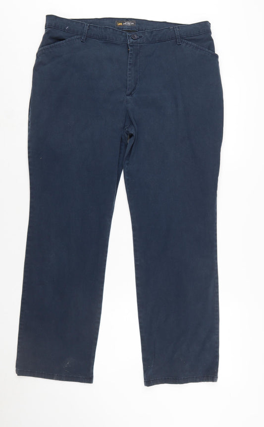 Lee Women's Blue Chino Straight Leg Relaxed Fit Mid Rise Trousers Size 16