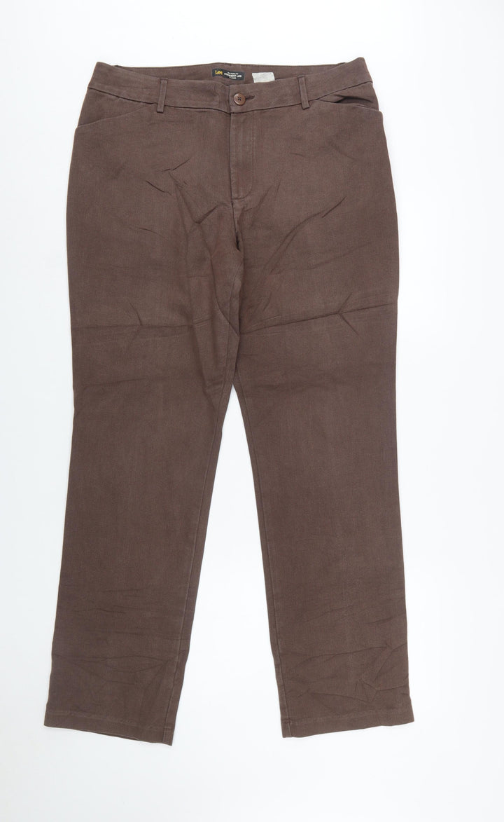 Lee Women's Brown Straight Leg Mid Rise Relaxed Fit Trousers Size 14 Long