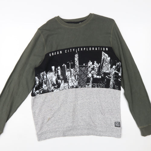 C&A DWD Teens Green Black Grey Urban Graphic Pullover Sweatshirt L