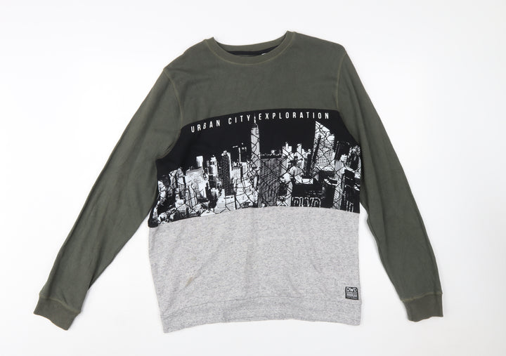 C&A DWD Teens Green Black Grey Urban Graphic Pullover Sweatshirt L