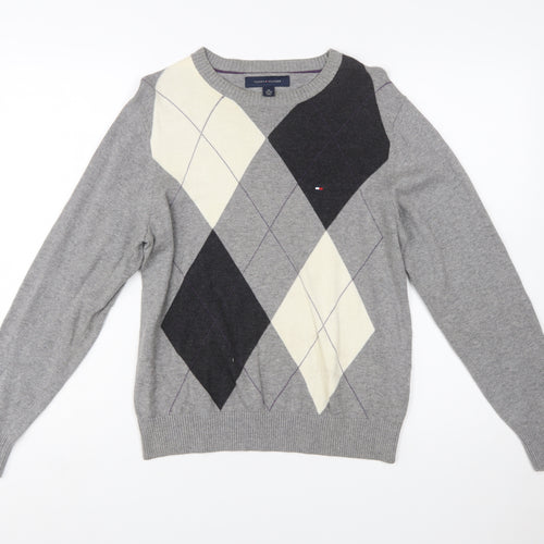 Tommy Hilfiger Men's Grey Argyle Cotton Crew Neck Jumper XS