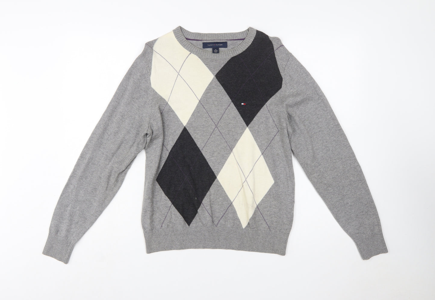 Tommy Hilfiger Men's Grey Argyle Cotton Crew Neck Jumper XS