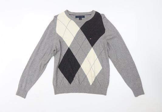 Tommy Hilfiger Men's Grey Argyle Cotton Crew Neck Jumper XS