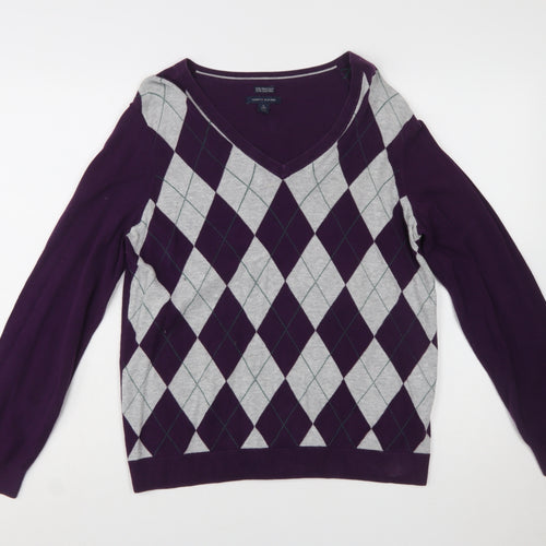 Tommy Hilfiger Women’s Purple Argyle V-Neck Cotton Jumper XL