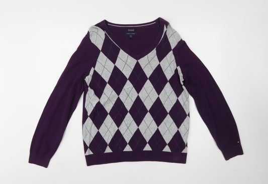 Tommy Hilfiger Women’s Purple Argyle V-Neck Cotton Jumper XL
