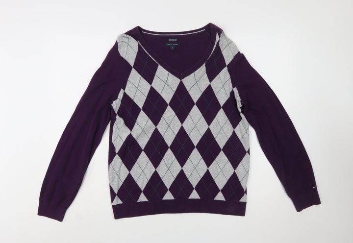 Tommy Hilfiger Women’s Purple Argyle V-Neck Cotton Jumper XL