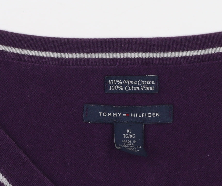 Tommy Hilfiger Women’s Purple Argyle V-Neck Cotton Jumper XL