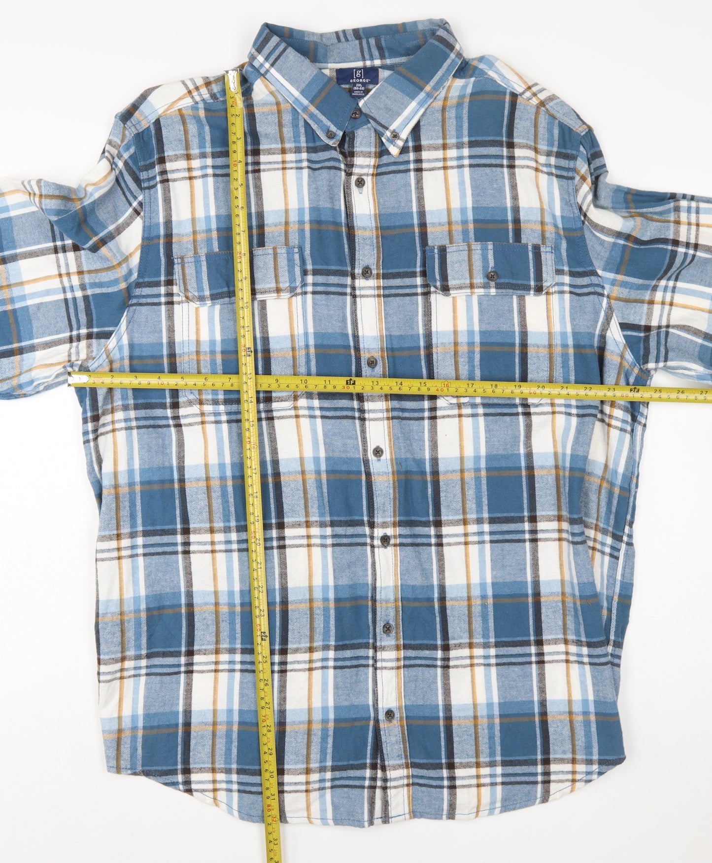 George Men’s Blue Check Flannel Button-Up Shirt 2XL Regular Fit