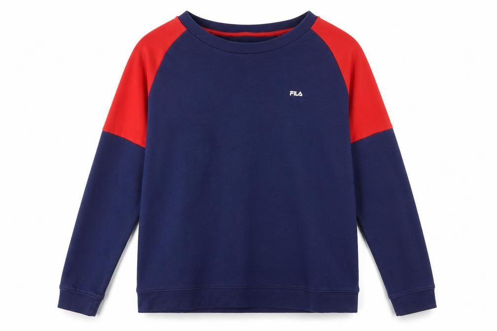 Front view of Fila women’s navy & red raglan sweatshirt, size L, cotton blend