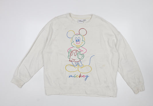 Disney Women White Mickey Mouse Printed Pullover Sweatshirt L