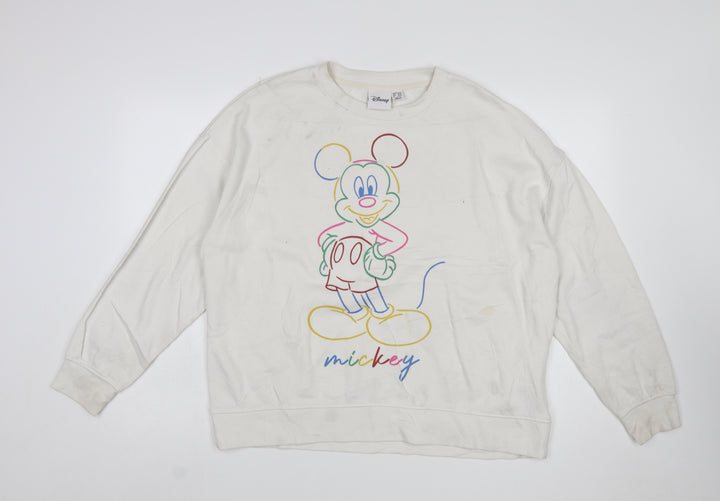 Disney Women White Mickey Mouse Printed Pullover Sweatshirt L