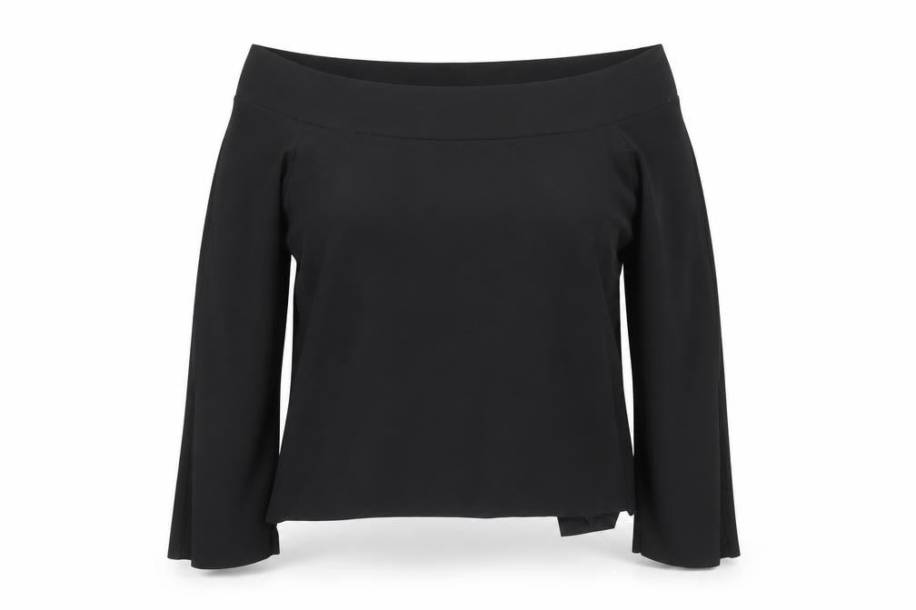Front view of Zara women’s black off shoulder long sleeve basic blouse, size UK 12