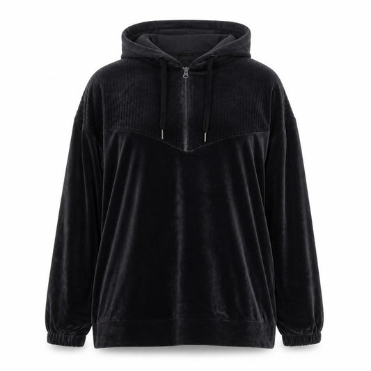 Front view of Dunnes Women’s Black Velour Hooded 1/4 Zip jumper, size UK 16