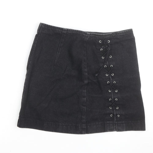Topshop Women’s Black Denim Lace Up Mini Skirt Size 10