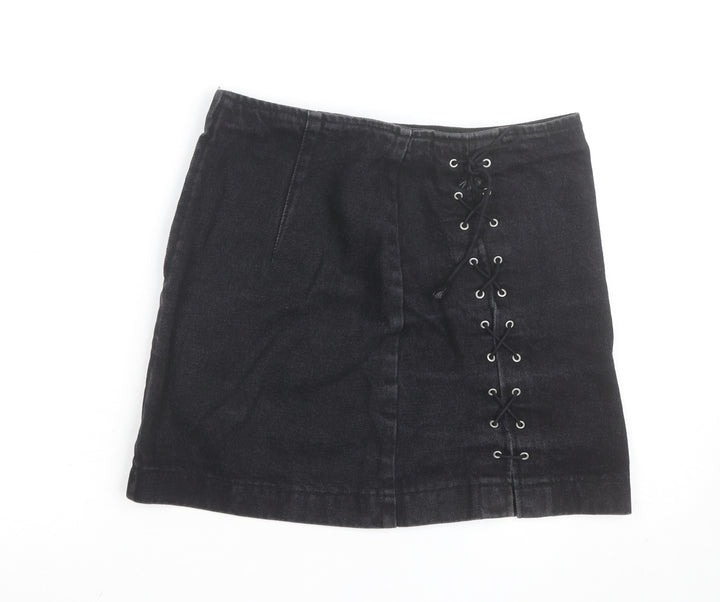 Topshop Women’s Black Denim Lace Up Mini Skirt Size 10