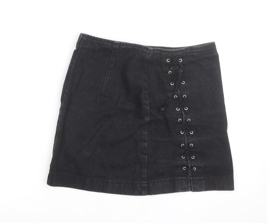 Topshop Women’s Black Denim Lace Up Mini Skirt Size 10