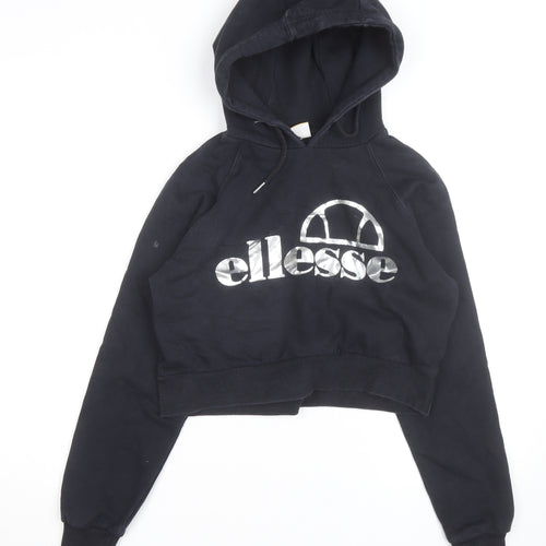 Ellesse Womens Black Cropped Pullover Hoodie UK 10 Logo Print