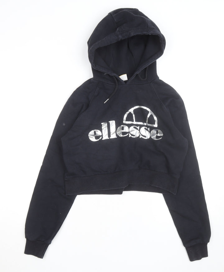 Ellesse Womens Black Cropped Pullover Hoodie UK 10 Logo Print