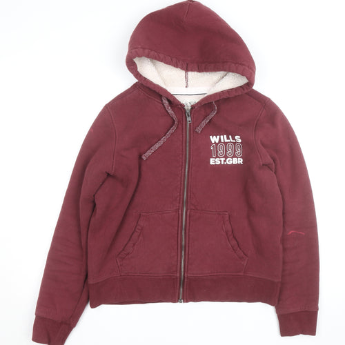 Jack Wills Women's Burgundy Full Zip Hoodie UK 12 Fleece Lined Casual