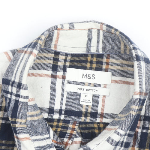Marks and Spencer Men's Blue Plaid Cotton Flannel Shirt XL