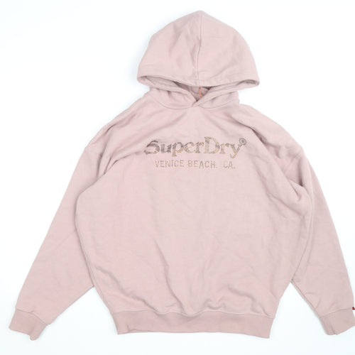 Superdry Womens Pink Hooded Pullover Sweatshirt UK 8 Rhinestone Logo