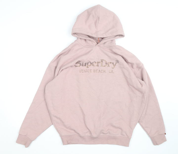 Superdry Womens Pink Hooded Pullover Sweatshirt UK 8 Rhinestone Logo