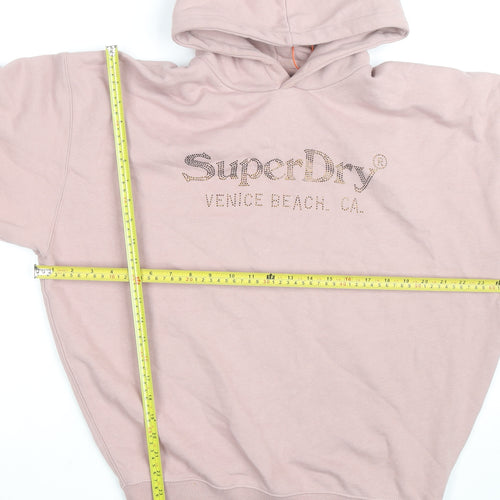 Superdry Womens Pink Hooded Pullover Sweatshirt UK 8 Rhinestone Logo