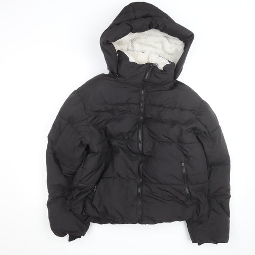 PUFFIT Womens Black Short Puffer Jacket Hooded Faux Fur Lined Size M