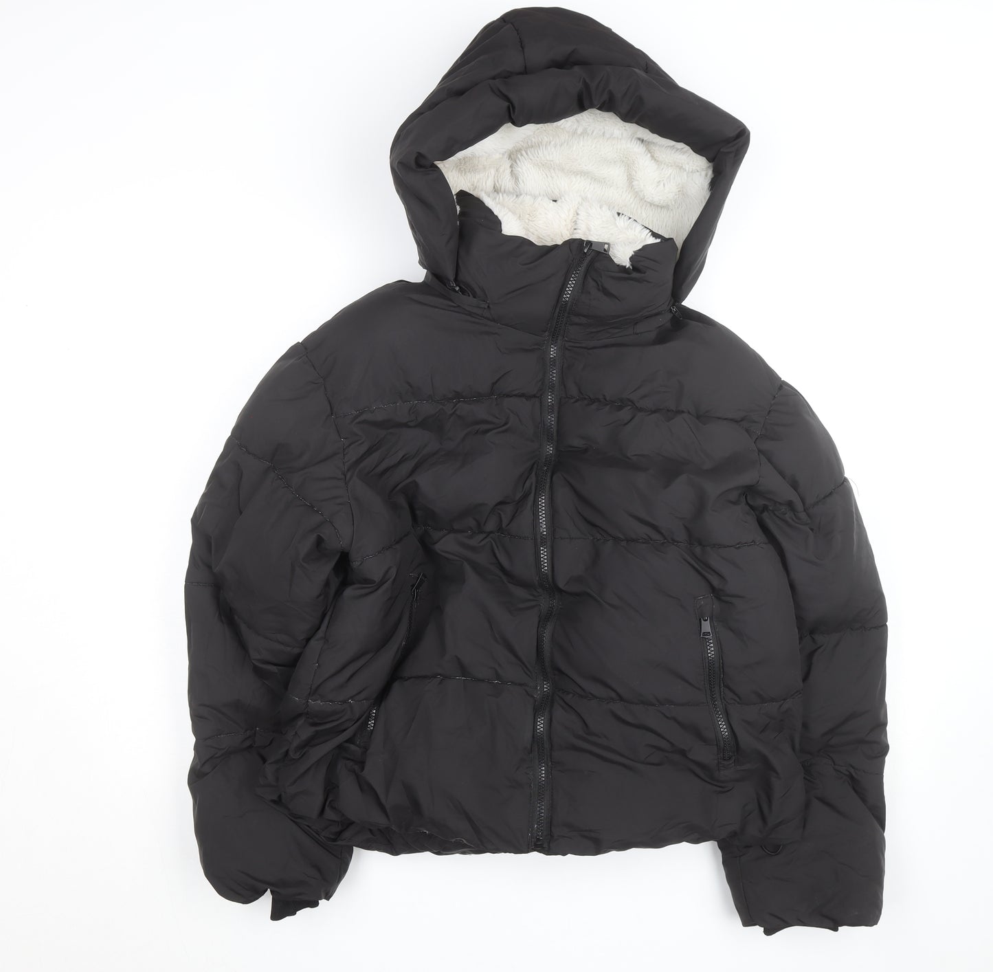 PUFFIT Womens Black Short Puffer Jacket Hooded Faux Fur Lined Size M