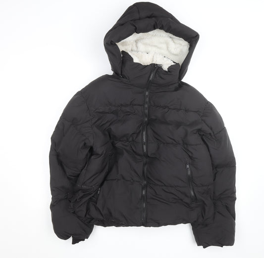 PUFFIT Womens Black Short Puffer Jacket Hooded Faux Fur Lined Size M