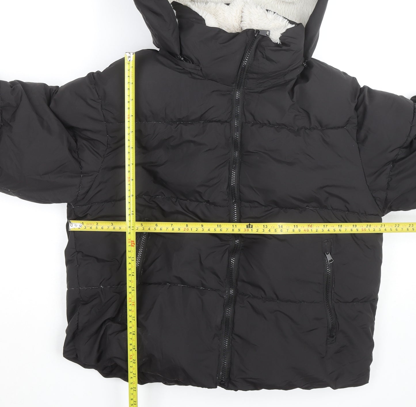 PUFFIT Womens Black Short Puffer Jacket Hooded Faux Fur Lined Size M