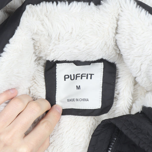 PUFFIT Womens Black Short Puffer Jacket Hooded Faux Fur Lined Size M