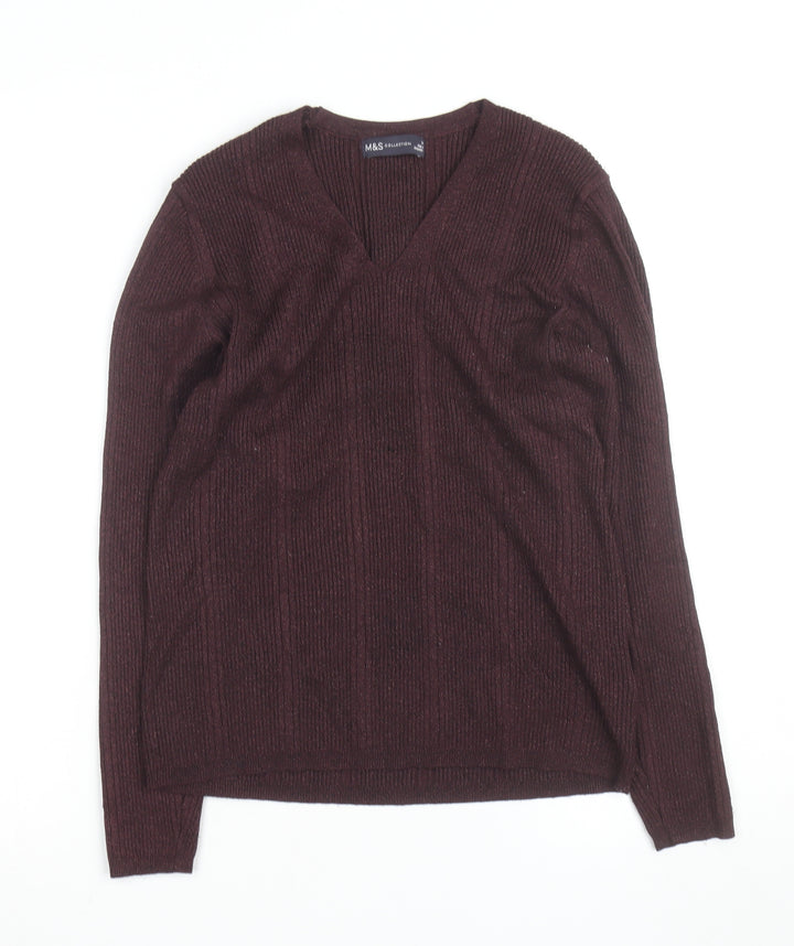 Marks and Spencer Women's Brown V-Neck Knit Jumper Size 14