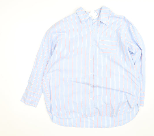 Marks and Spencer Women Blue Striped Cotton Button-Up Shirt Size 12