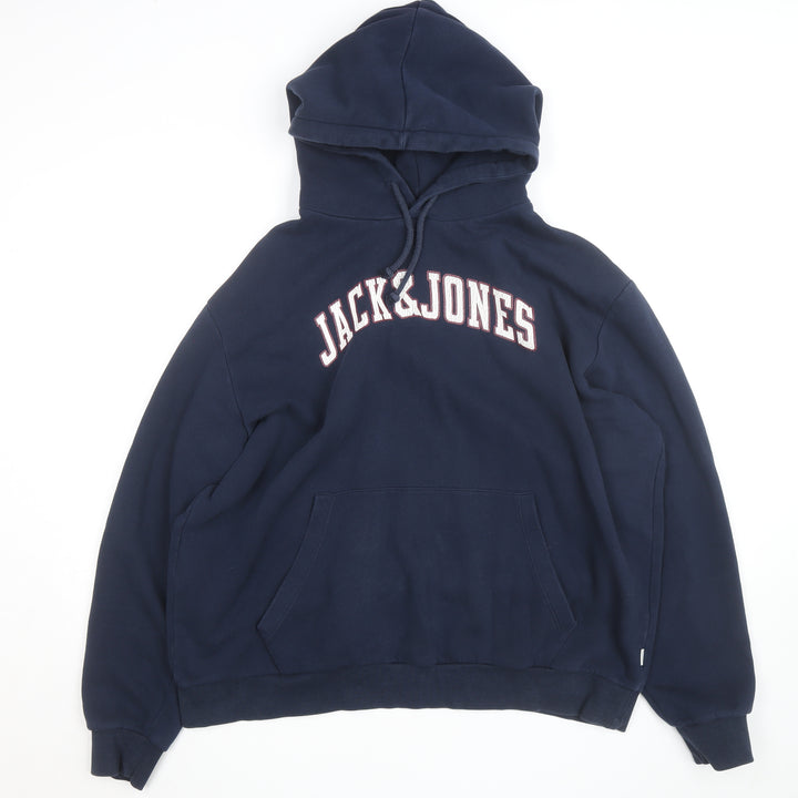 Jack & Jones Men's Blue Pullover Hoodie Size L Graphic Logo Fleece