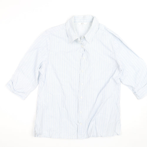 Marks and Spencer Mens Blue Striped Cotton 3/4 Sleeve Shirt Size 14