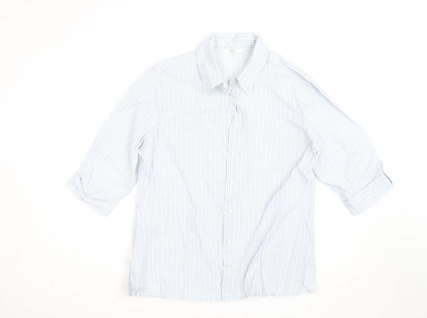 Marks and Spencer Mens Blue Striped Cotton 3/4 Sleeve Shirt Size 14