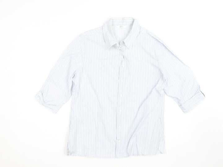 Marks and Spencer Mens Blue Striped Cotton 3/4 Sleeve Shirt Size 14