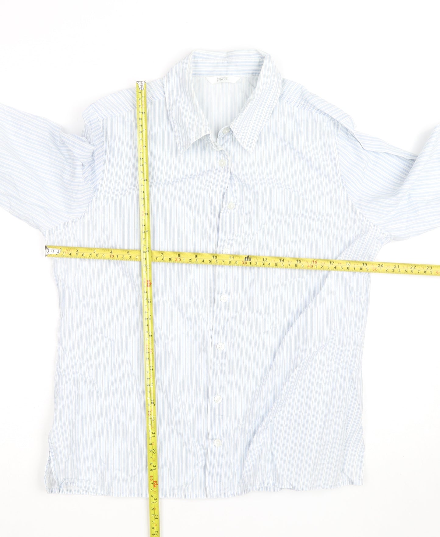 Marks and Spencer Mens Blue Striped Cotton 3/4 Sleeve Shirt Size 14