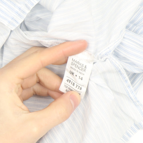 Marks and Spencer Mens Blue Striped Cotton 3/4 Sleeve Shirt Size 14