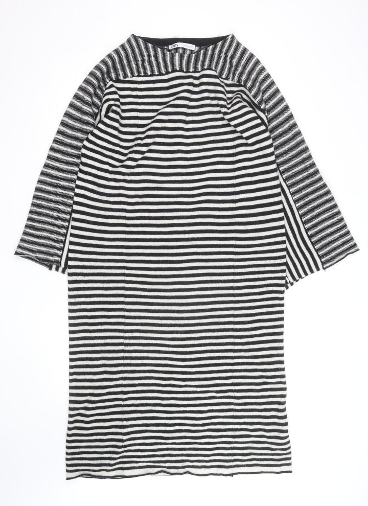 Zara Women Black Striped Wool Knit Shift Dress Size M