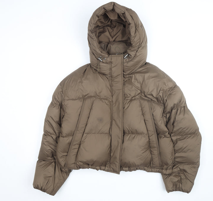 Marks and Spencer Women Brown Cropped Hooded Puffer Jacket Size M