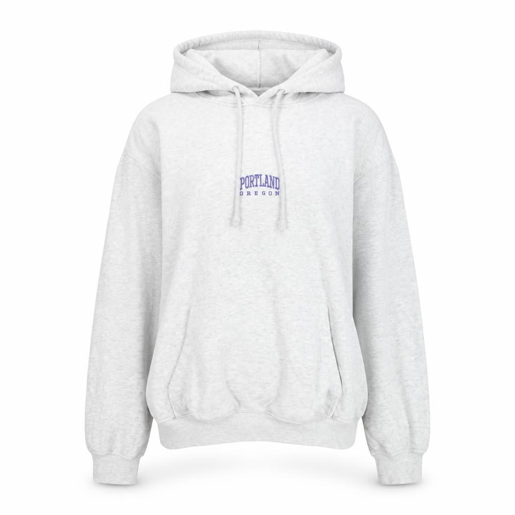 Front view of H&M Divided women’s grey pullover hoodie l portland oregon print