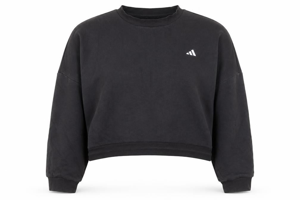 Front view of Adidas women’s black crop pullover sweatshirt, size M, relaxed fit