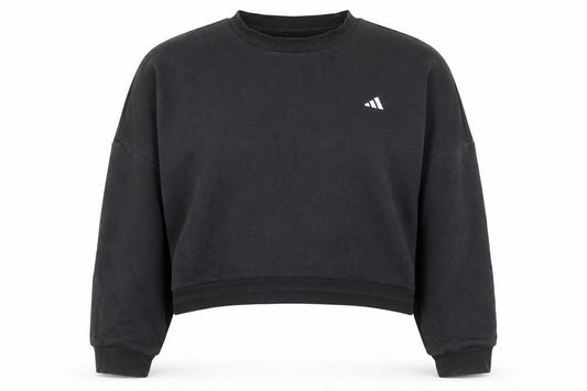 Front view of Adidas women’s black crop pullover sweatshirt, size M, relaxed fit