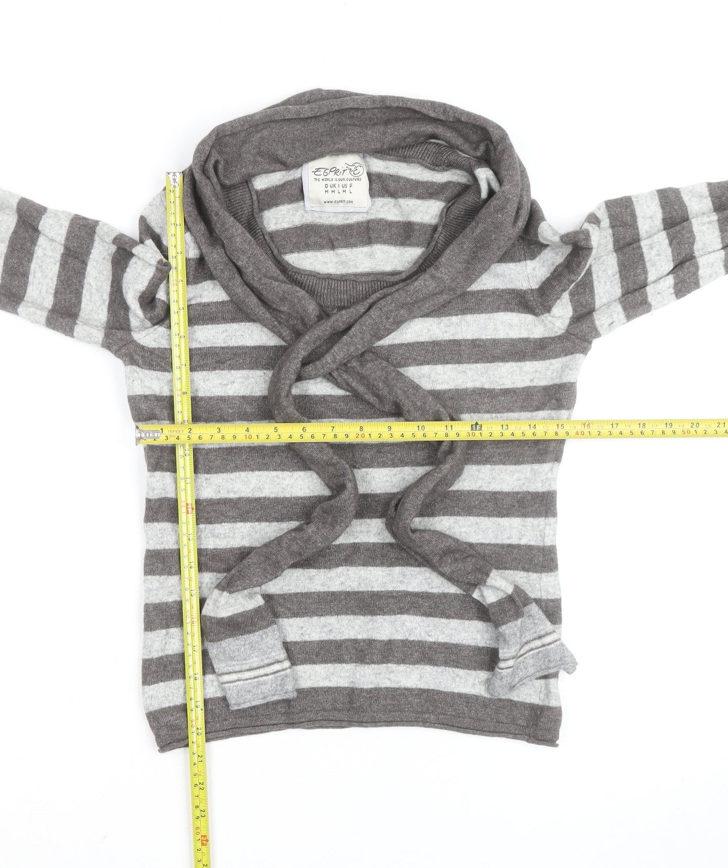 Esprit Women Grey Stripe Wrap Jumper Size M Long Sleeve Knit